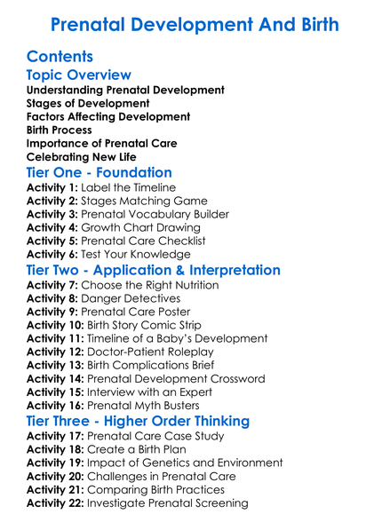 Prenatal Development And Birth Worksheet Activity Booklet