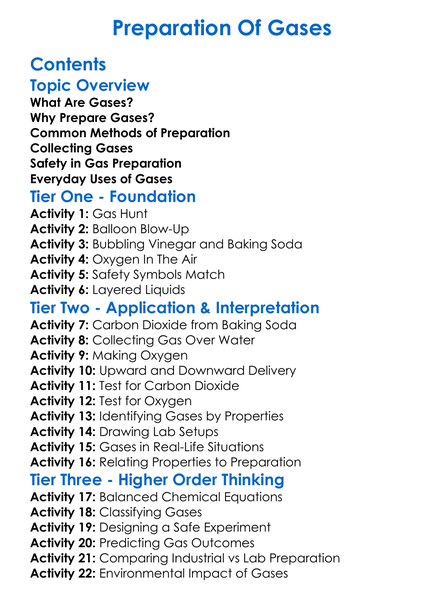 Preparation Of Gases Worksheet Activity Booklet