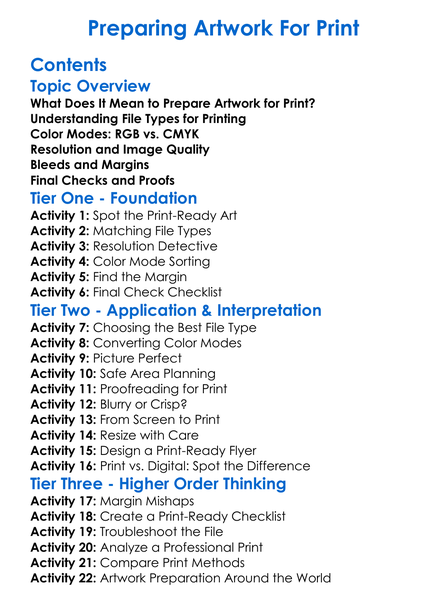 Preparing Artwork For Print Worksheet Activity Booklet