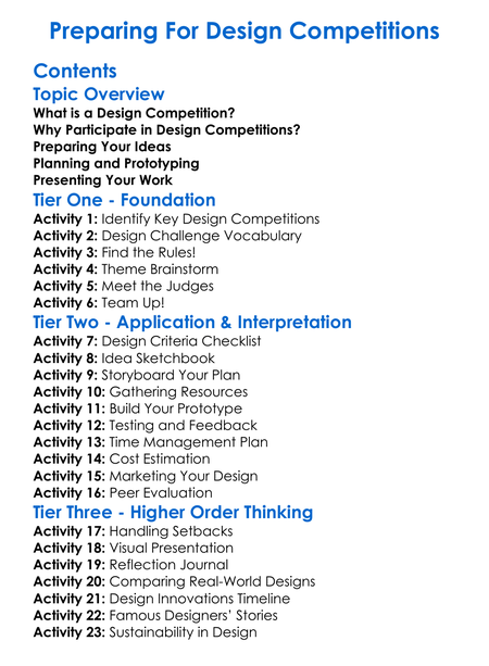 Preparing For Design Competitions Worksheet Activity Booklet