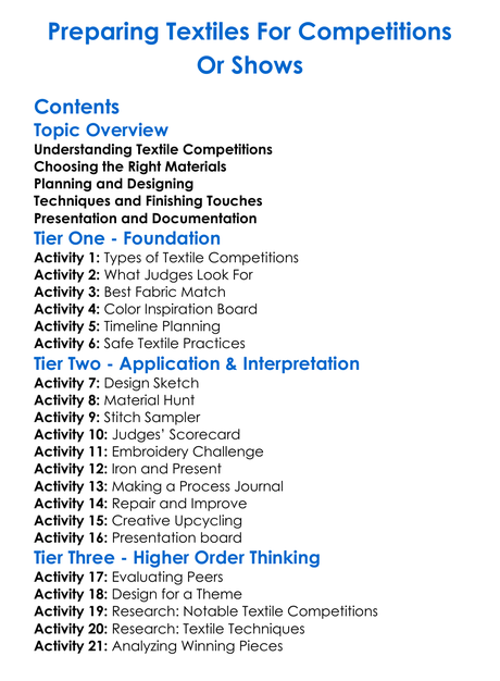 Preparing Textiles For Competitions Or Shows Worksheet Activity Booklet