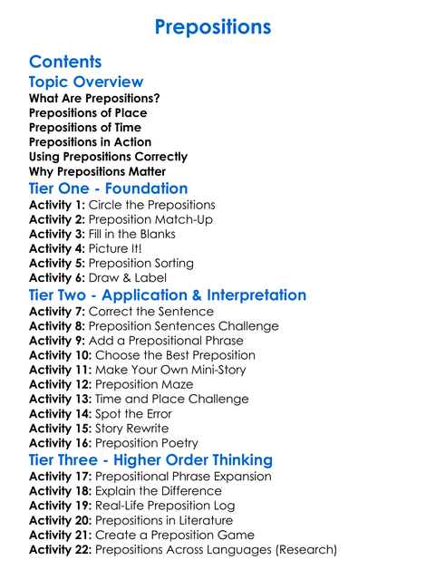 Prepositions Worksheet Activity Booklet
