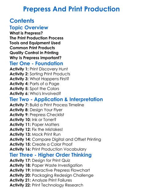 Prepress And Print Production Worksheet Activity Booklet