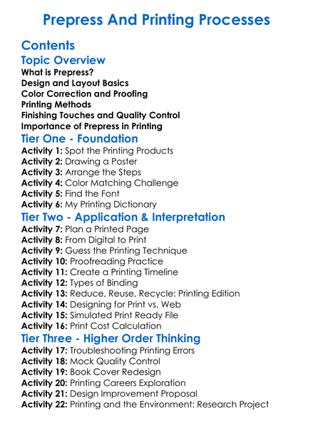 Prepress And Printing Processes Worksheet Activity Booklet