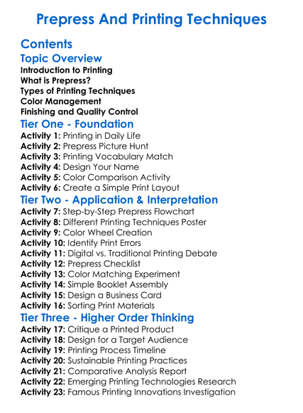 Prepress And Printing Techniques Worksheet Activity Booklet