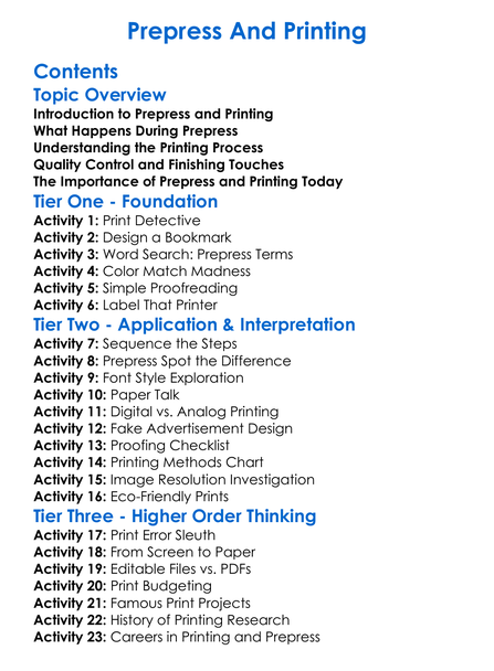 Prepress And Printing Worksheet Activity Booklet