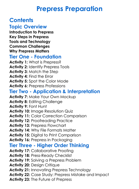 Prepress Preparation Worksheet Activity Booklet
