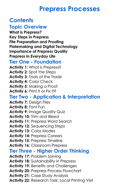 Prepress Processes Worksheet Activity Booklet