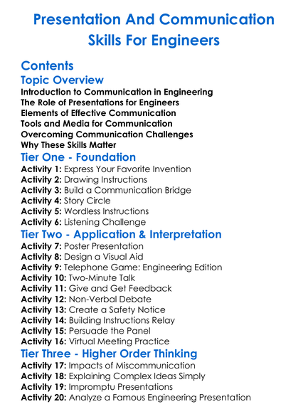 Presentation And Communication Skills For Engineers Worksheet Activity Booklet