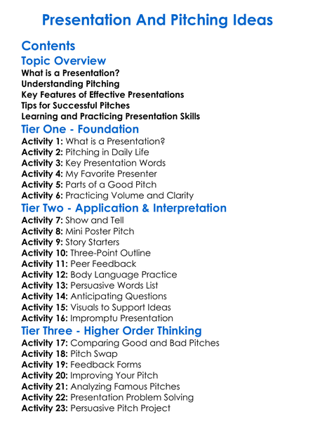 Presentation And Pitching Ideas Worksheet Activity Booklet