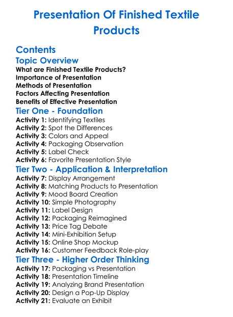 Presentation Of Finished Textile Products Worksheet Activity Booklet
