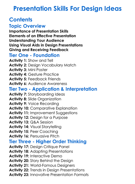 Presentation Skills For Design Ideas Worksheet Activity Booklet