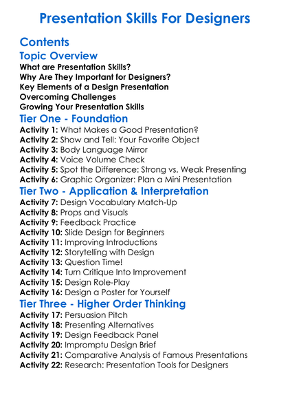 Presentation Skills For Designers Worksheet Activity Booklet