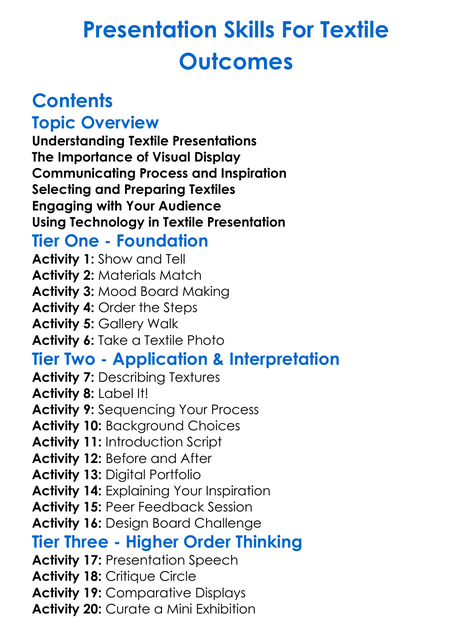 Presentation Skills For Textile Outcomes Worksheet Activity Booklet