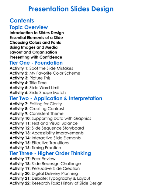 Presentation Slides Design Worksheet Activity Booklet