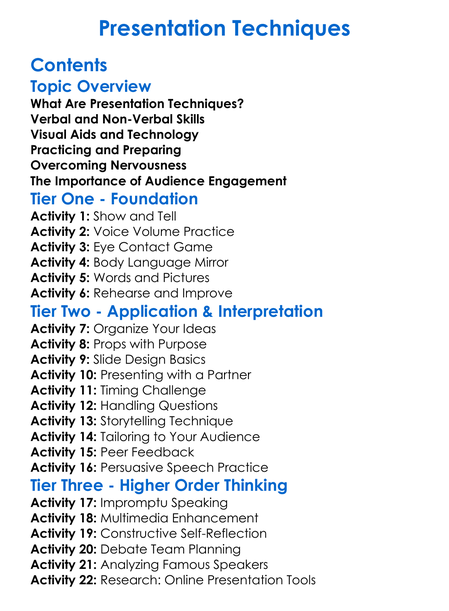 Presentation Techniques Worksheet Activity Booklet