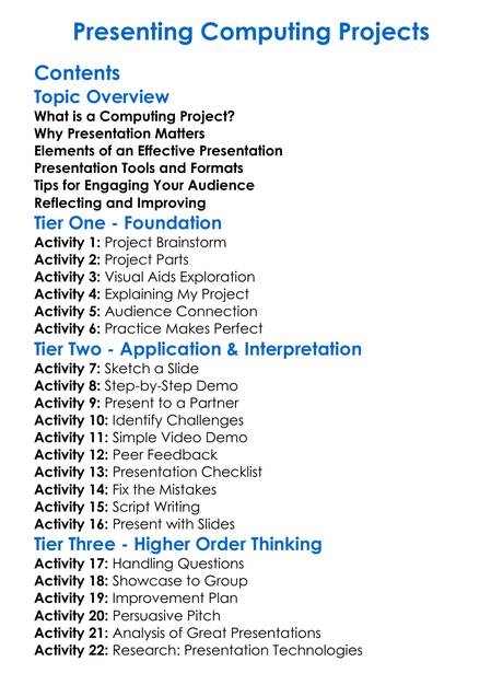 Presenting Computing Projects Worksheet Activity Booklet