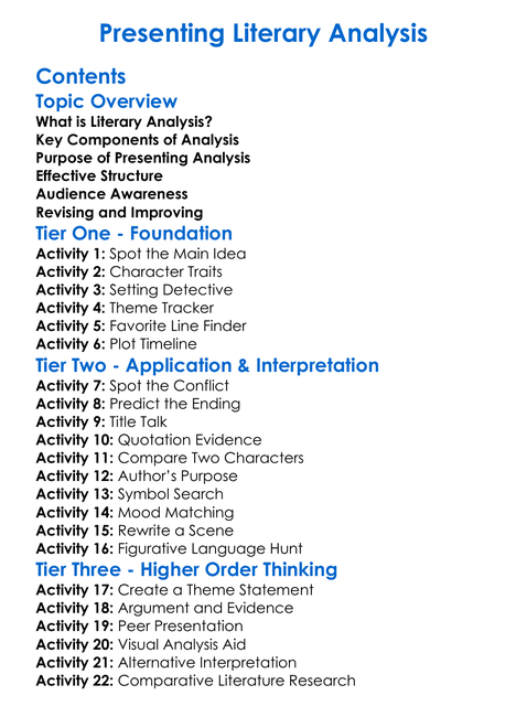 Presenting Literary Analysis Worksheet Activity Booklet