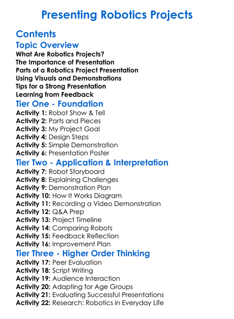 Presenting Robotics Projects Worksheet Activity Booklet