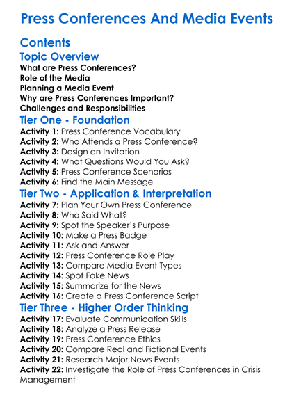 Press Conferences And Media Events Worksheet Activity Booklet