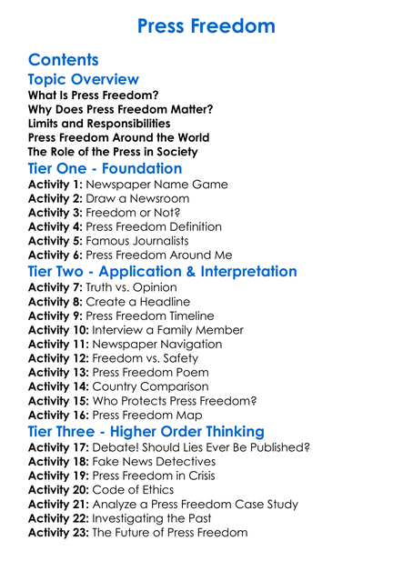 Press Freedom Worksheet Activity Booklet
