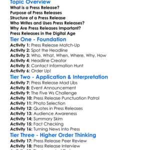 Press Releases Worksheet Activity Booklet