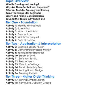 Pressing And Ironing Techniques Worksheet Activity Booklet