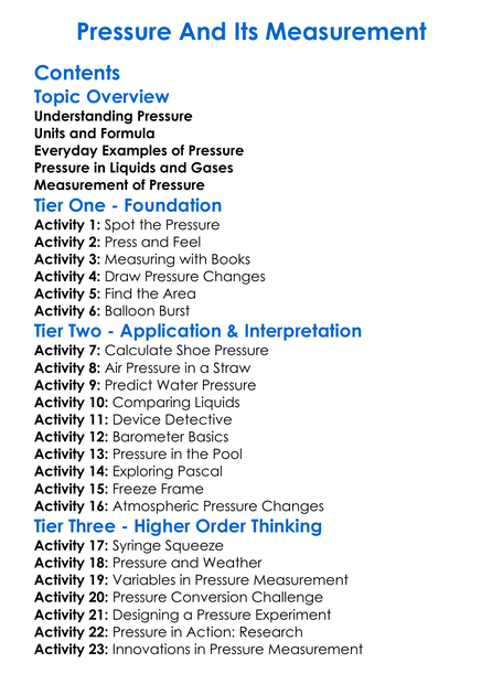 Pressure And Its Measurement Worksheet Activity Booklet