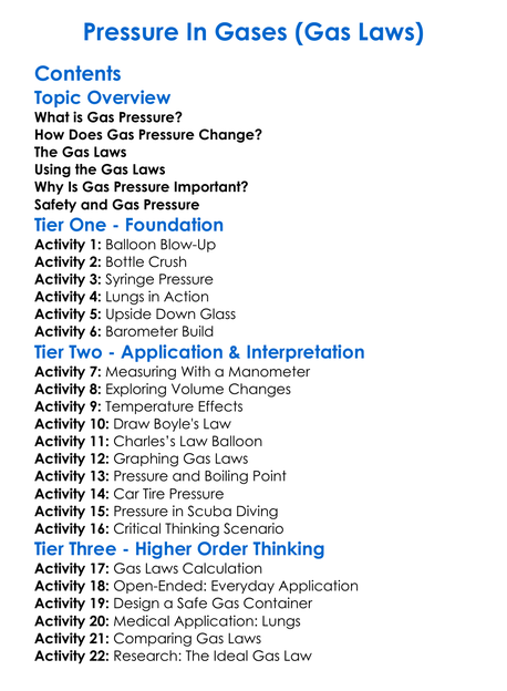 Pressure In Gases Gas Laws Worksheet Activity Booklet
