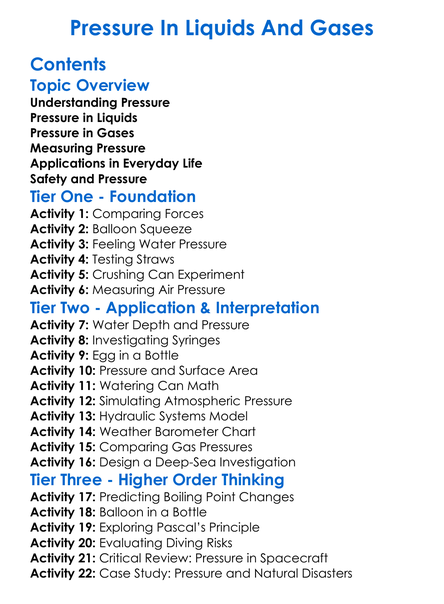 Pressure In Liquids And Gases Worksheet Activity Booklet