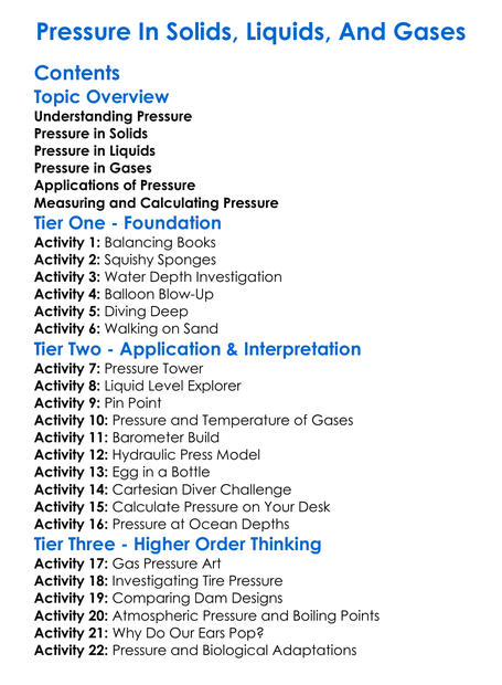Pressure In Solids Liquids And Gases Worksheet Activity Booklet