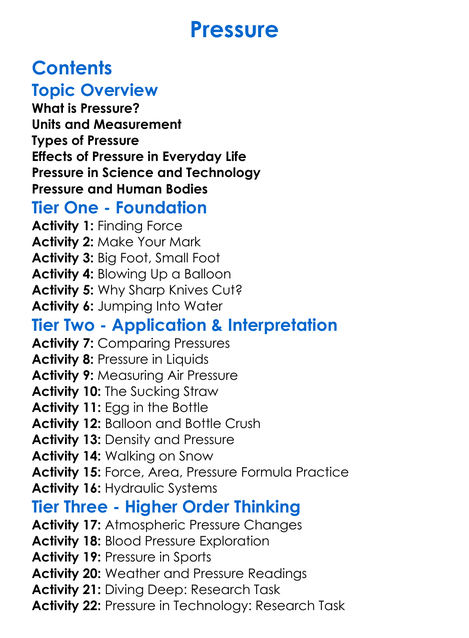 Pressure Worksheet Activity Booklet