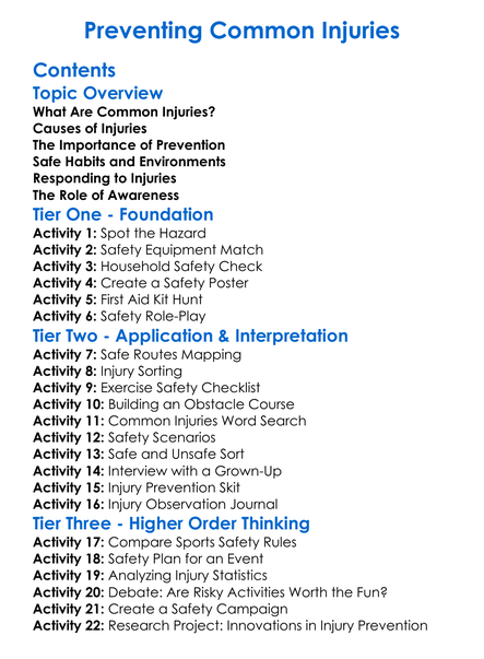 Preventing Common Injuries Worksheet Activity Booklet