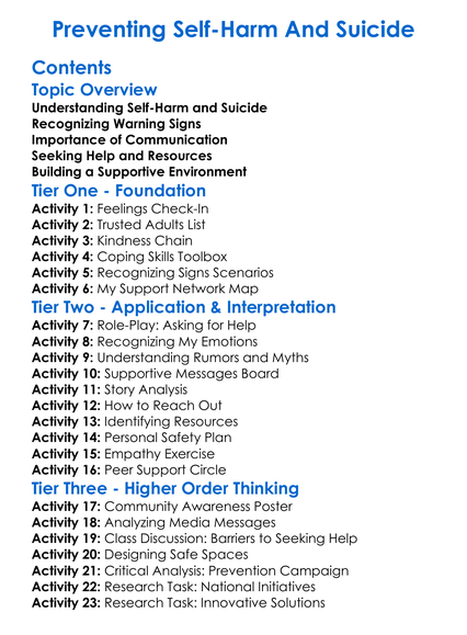 Preventing Self-Harm And Suicide Worksheet Activity Booklet