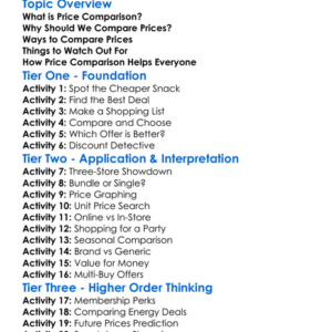 Price Comparison Worksheet Activity Booklet