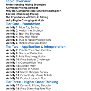 Pricing Strategies Worksheet Activity Booklet