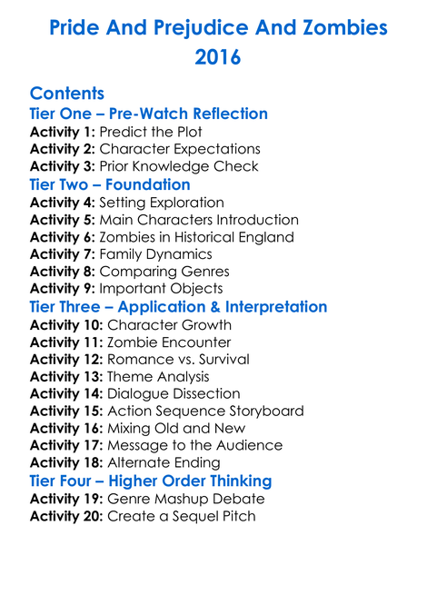 Pride And Prejudice And Zombies 2016 Worksheet Activity Booklet
