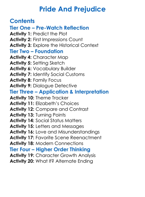 Pride And Prejudice Worksheet Activity Booklet