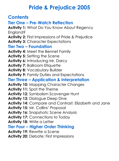 Pride Prejudice 2005 Worksheet Activity Booklet
