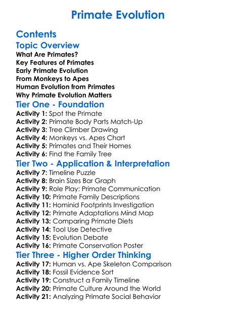 Primate Evolution Worksheet Activity Booklet