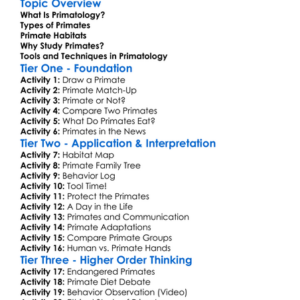 Primatology And Study Of Primates Worksheet Activity Booklet