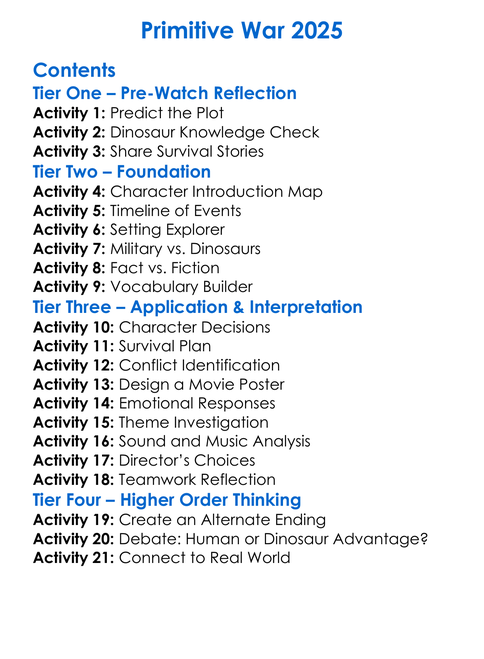 Primitive War 2025 Worksheet Activity Booklet