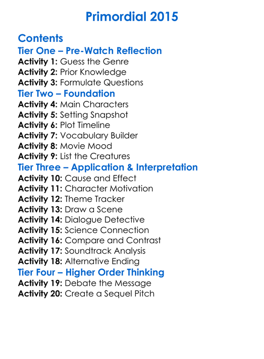 Primordial 2015 Worksheet Activity Booklet