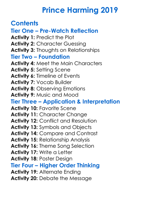 Prince Harming 2019 Worksheet Activity Booklet