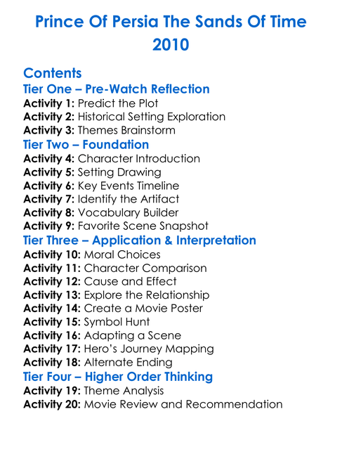 Prince Of Persia The Sands Of Time 2010 Worksheet Activity Booklet