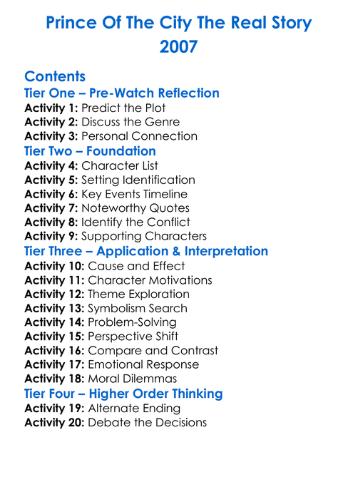 Prince Of The City The Real Story 2007 Worksheet Activity Booklet