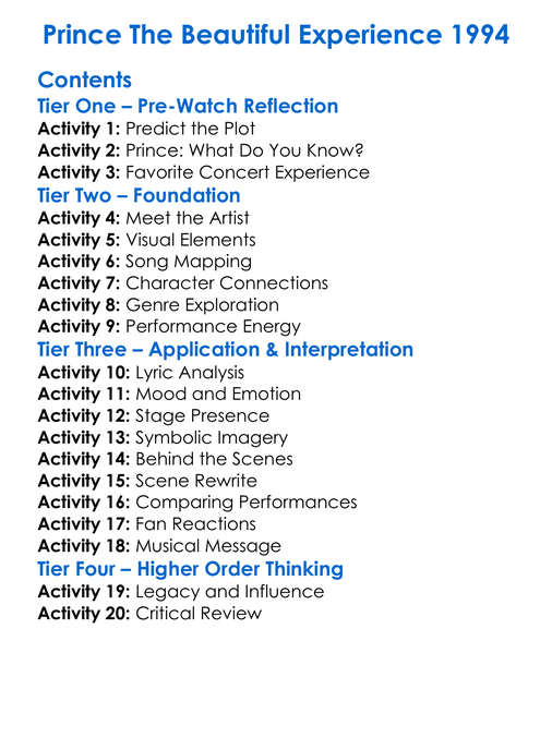 Prince The Beautiful Experience 1994 Worksheet Activity Booklet