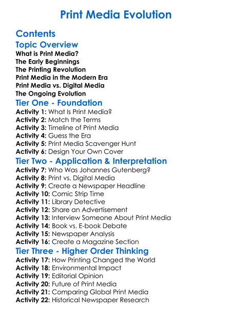 Print Media Evolution Worksheet Activity Booklet