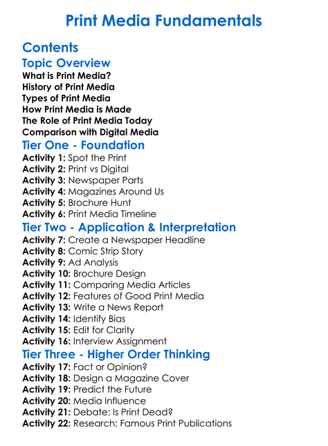 Print Media Fundamentals Worksheet Activity Booklet