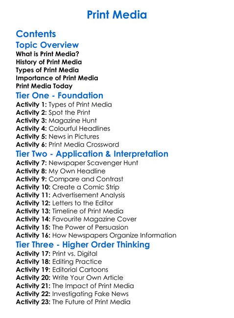 Print Media Worksheet Activity Booklet